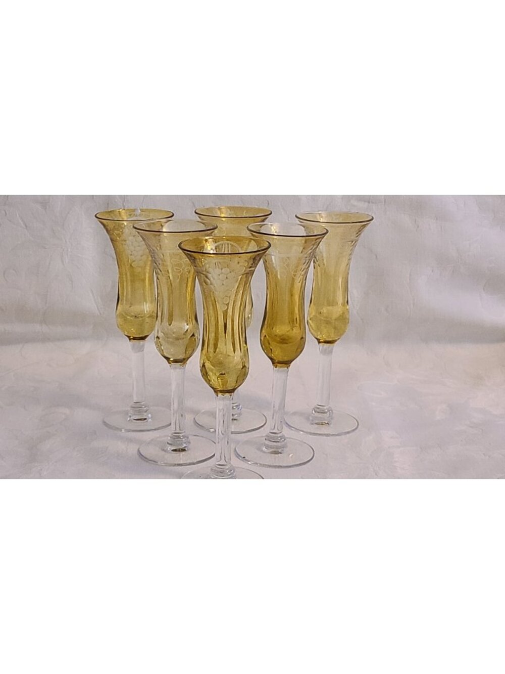 Set of 6 Amber Etched Grape Champagne Flutes Clear Stem